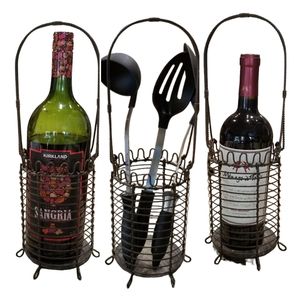 SLAH Rustic Vintage Farmhouse Brown Iron Wine Bottle Utensil Caddy #40507. 15"